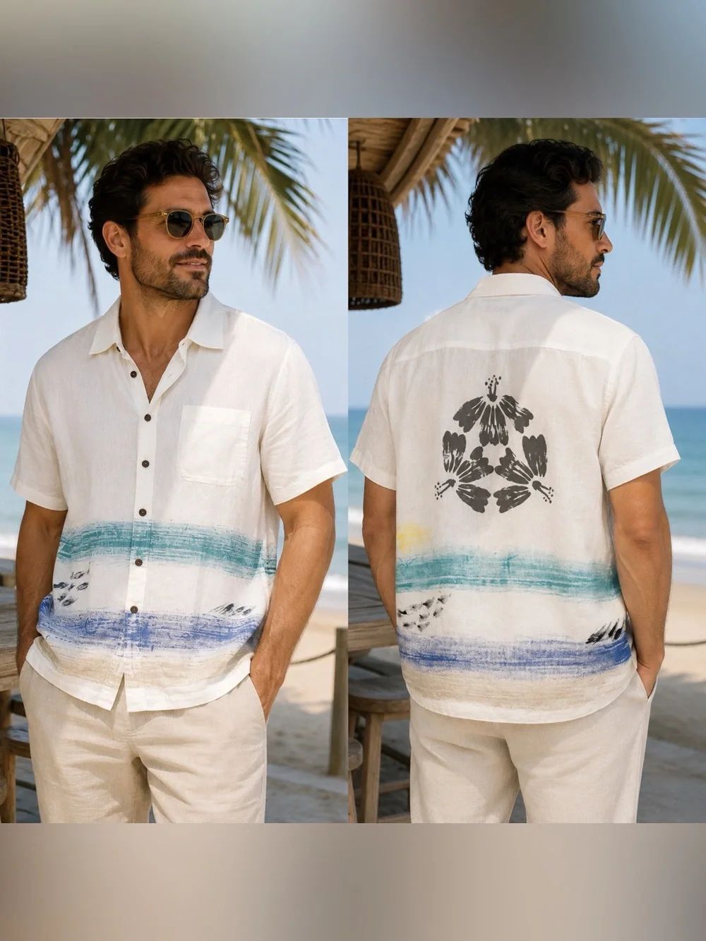 ROAD Cotton Linen Blend vacation Coastal Beach art Print Button Up Shirt Mens M